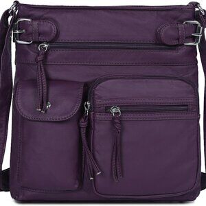 Crossbody Bags for Women Washed Leather Shoulder Bags Multi Pocket Soft Hobo Pur